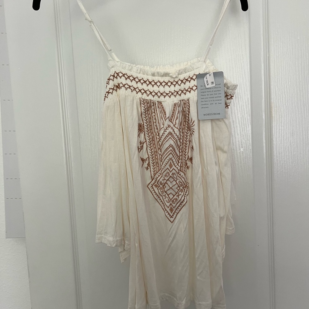 Forgotten Grace Peasant Blouse Ivory Brown Tribal 3/4 Sleeve Boho SZ S